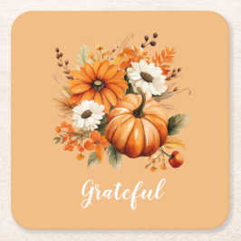 Grateful Autumn Floral Pumpkin Orange Square Kartonnen Onderzetters