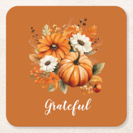 Grateful Autumn Floral Pumpkin Red Square Kartonnen Onderzetters
