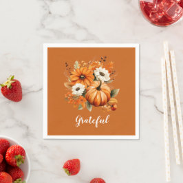 Grateful Autumn Floral Pumpkin Red Square Servet