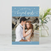 Grateful Beyond Words Wedding Photo Denim Blue Bedankkaart (Staand voorkant)
