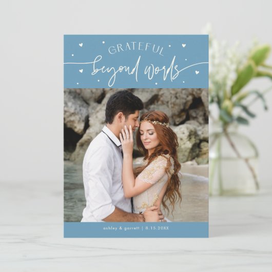 Grateful Beyond Words Wedding Photo Denim Blue Bedankkaart (Staand voorkant)
