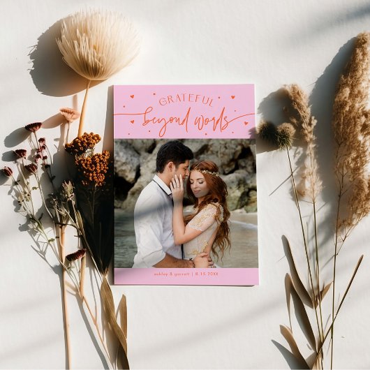 Grateful Beyond Words Wedding Photo Orange Pink Bedankkaart