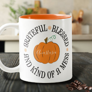Grateful Blessed Type of a Mess Oranje Pumpkin Tweekleurige Koffiemok