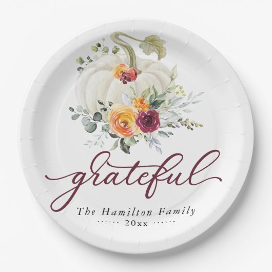 Grateful Burgundy Floral Pumpkin Thanksgiving Papieren Bordje (Voorkant)