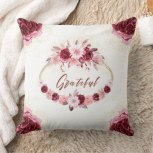 Grateful Elegant Magenta Roze Bloemen Gouden krans Kussen