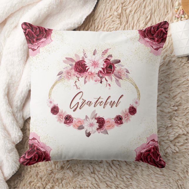 Grateful Elegant Magenta Roze Bloemen Gouden krans Kussen (Deken)