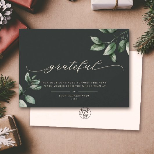 Grateful | Elegant Script Eucalyptus Business Logo Feestdagenkaart