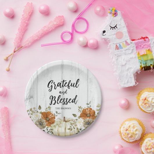 Grateful en gezegend Pompoen Herfst Thanksgiving Papieren Bordje (Feest)
