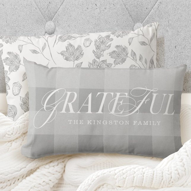 Grateful Family County Style Grijs Plaid Herfst Le Kussen (Grateful Family County Style Grey Plaid Fall Leaf Lumbar Pillow)