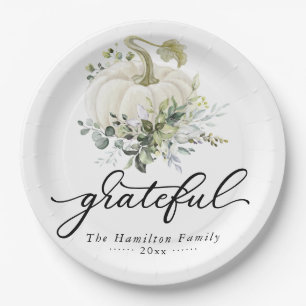 Grateful Greenery White Pumpkin Thanksgiving Papieren Bordje