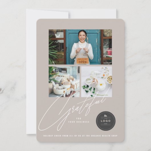 Grateful Handwrite Script 3 Foto Stijlvol Business Feestdagenkaart (Voorkant)