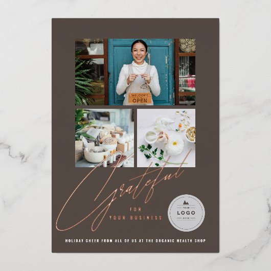 Grateful Handwrite Script 3 Foto Stijlvol Business Folie Feestdagenkaart (Voorkant)