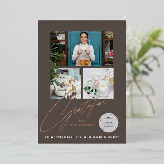 Grateful Handwrite Script 3 Foto Stijlvol Business Folie Feestdagenkaart (Staand Voorkant)