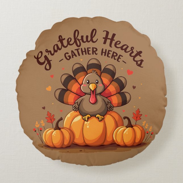 Grateful Hearts Thanksgiving Turkey Rond Kussen (Voorkant)