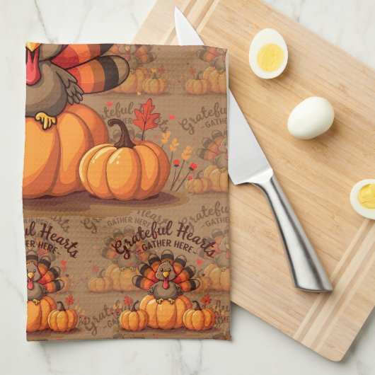 Grateful Hearts Thanksgiving Turkey Theedoek (Quarter Fold)