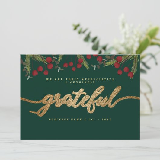 Grateful Modern Script Holly Pine business logo  Feestdagenkaart (Staand voorkant)