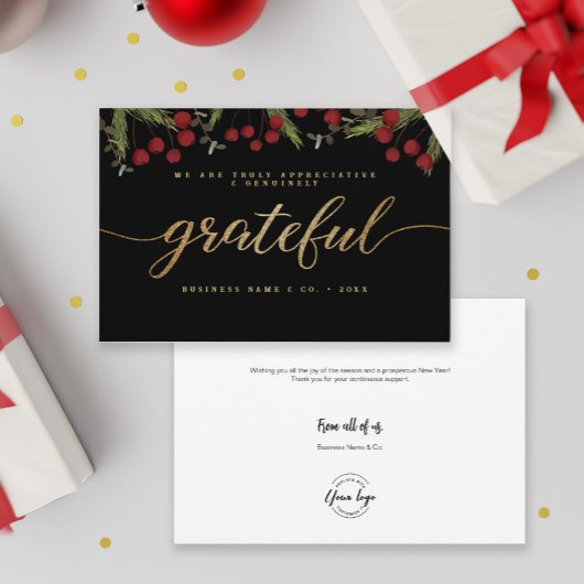 Grateful Modern Script Holly Pine business logo Feestdagenkaart