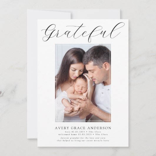 Grateful ・ Modern Script Photo Preemie Birth Aankondiging (Voorkant)