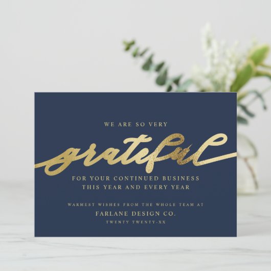 Grateful | Moderne Script Business Logo Corporate Feestdagenkaart (Staand voorkant)
