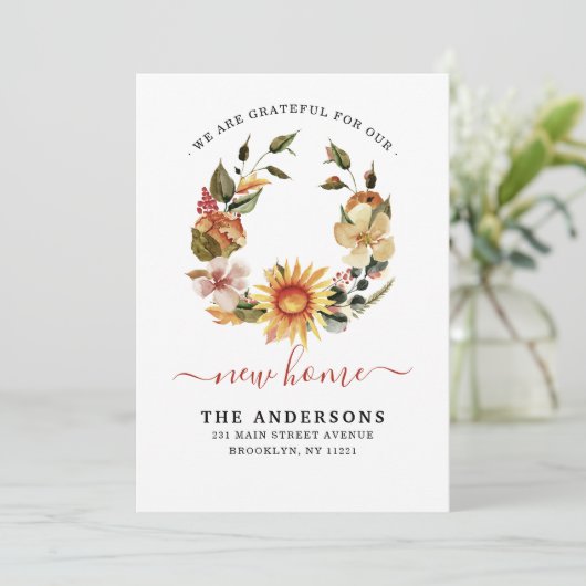 Grateful New Home We hebben Herfst Wreath Moving Aankondiging (Staand voorkant)