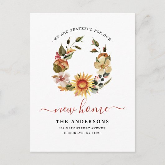 Grateful New Home We hebben Herfst Wreath Moving Aankondigingskaart (Voorkant)