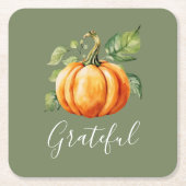 Grateful Oranje Pompoen Moss Groene Thanksgiving Kartonnen Onderzetters (Voorkant)