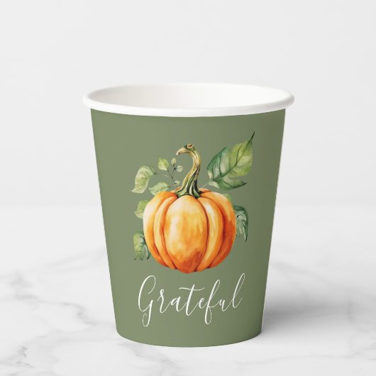 Grateful Oranje Pompoen Moss Groene Thanksgiving Papieren Bekers (Achterkant)