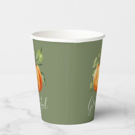 Grateful Oranje Pompoen Moss Groene Thanksgiving Papieren Bekers (Rechts)