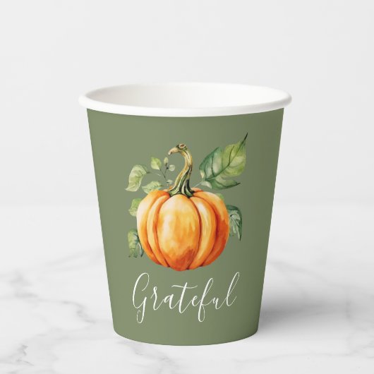Grateful Oranje Pompoen Moss Groene Thanksgiving Papieren Bekers (Voorkant)