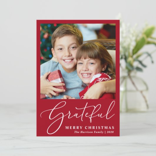 Grateful Photo Red Merry kerst Feestdagenkaart (Staand voorkant)