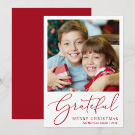 Grateful Photo Red Script Merry Kerstry Feestdagenkaart