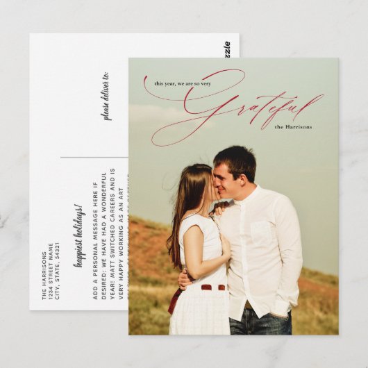 Grateful Red Calligraphy Chic Full Photo Holiday Briefkaart (Voorkant / Achterkant)