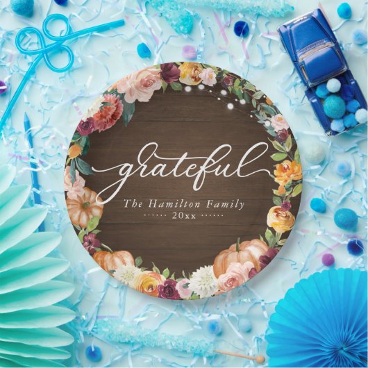 Grateful Rustic Autumn Flowers Thanksgiving Dinner Papieren Bordje (Feest)