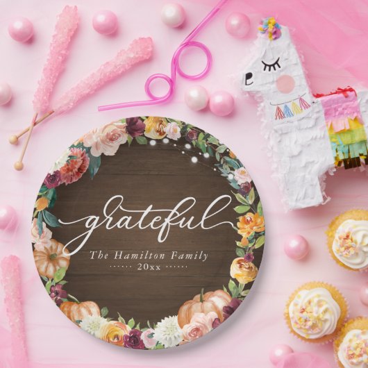 Grateful Rustic Autumn Flowers Thanksgiving Dinner Papieren Bordje (Feest)