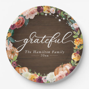 Grateful Rustic Autumn Flowers Thanksgiving Dinner Papieren Bordje