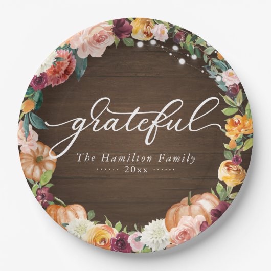 Grateful Rustic Autumn Flowers Thanksgiving Dinner Papieren Bordje (Voorkant)