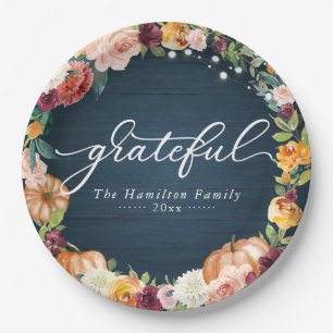 Grateful Rustic Autumn Flowers Thanksgiving Dinner Papieren Bordje