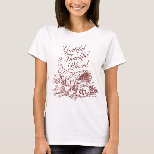Grateful Thankful Blessed Cornucopia Line Art T-shirt (Voorkant)
