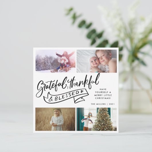 Grateful Thankful Blessed Family met Kerstmis Feestdagenkaart (Staand voorkant)