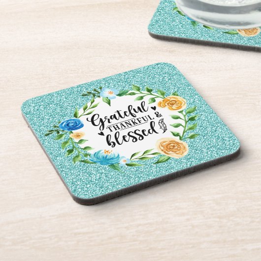 Grateful Thankful Blessed Floral Waterverf Wreater Bier Onderzetter (Linkerzijde)