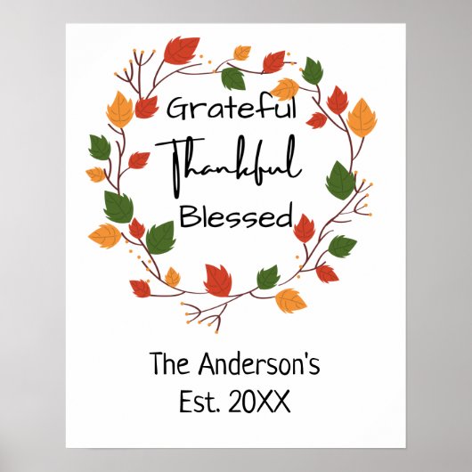 Grateful Thankful Blessed Leaves Herfst Oranje Red Poster (Voorkant)