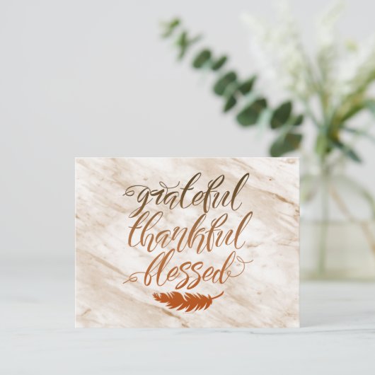 Grateful Thankful Blessed Modern Marble Feather Briefkaart (Staand voorkant)