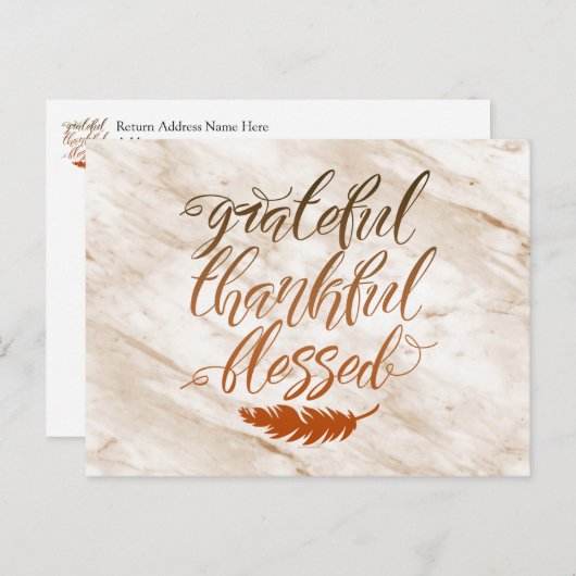 Grateful Thankful Blessed Modern Marble Feather Briefkaart (Voorkant / Achterkant)