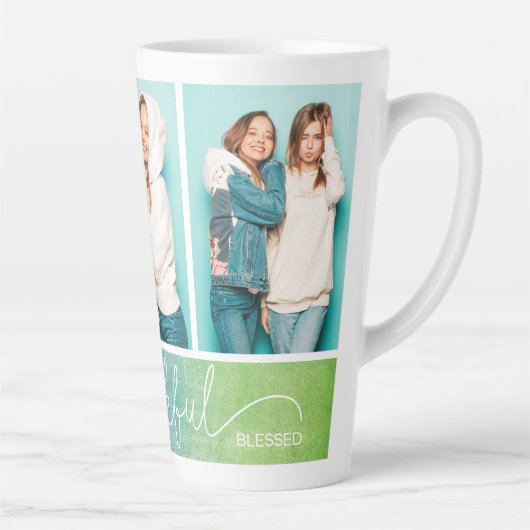 Grateful Thankful Blessed Moderne Drie Foto Latte Mok (Rechts)