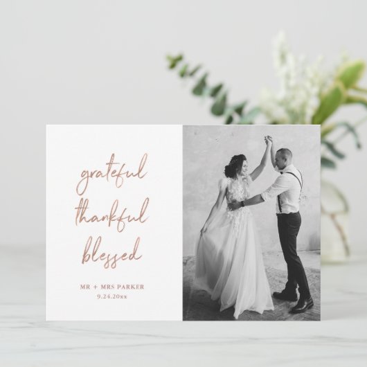 Grateful Thankful Blessed | Roos Gold Script-foto Bedankkaart (Staand voorkant)