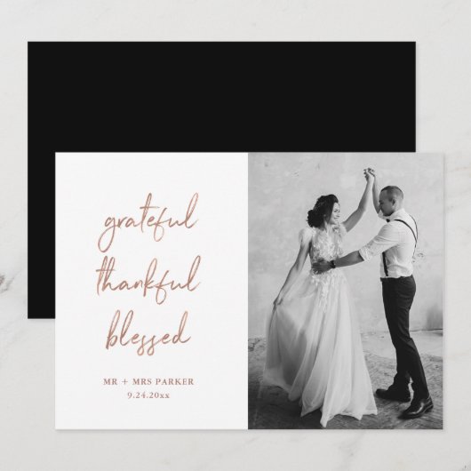 Grateful Thankful Blessed | Roos Gold Script-foto Bedankkaart (Voorkant / Achterkant)