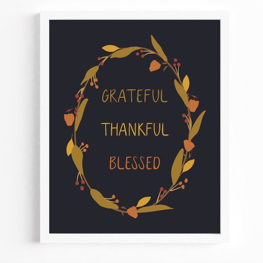 Grateful Thankful Blessed Wreath Typography Poster