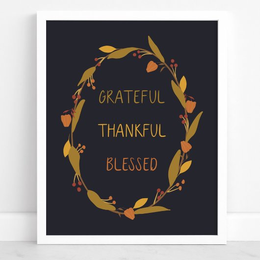 Grateful Thankful Blessed Wreath Typography Poster