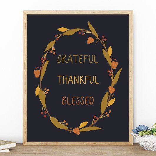 Grateful Thankful Blessed Wreath Typography Poster