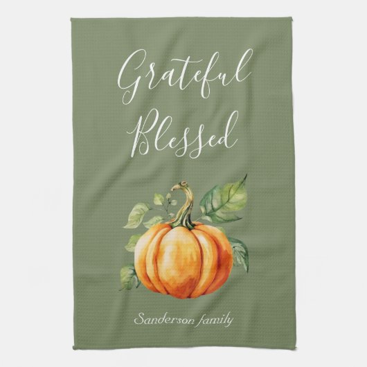 Grateful Thanksgiving Pompoen Moss Green Theedoek (Verticaal)